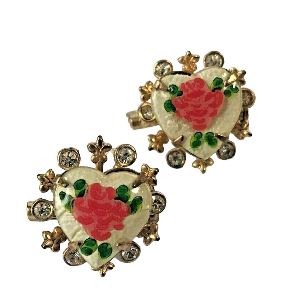 Elegant Enamel Rhinestone Rose Heart Brooch Set of 2 Vintage